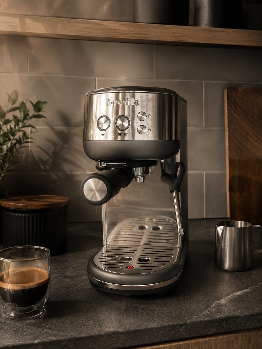 Close-up of the Breville Bambino espresso machine on a home counter