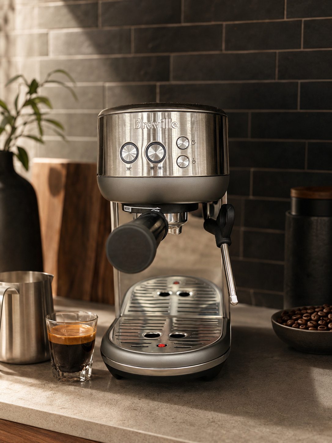 Breville Bambino espresso machine on a modern kitchen counter
