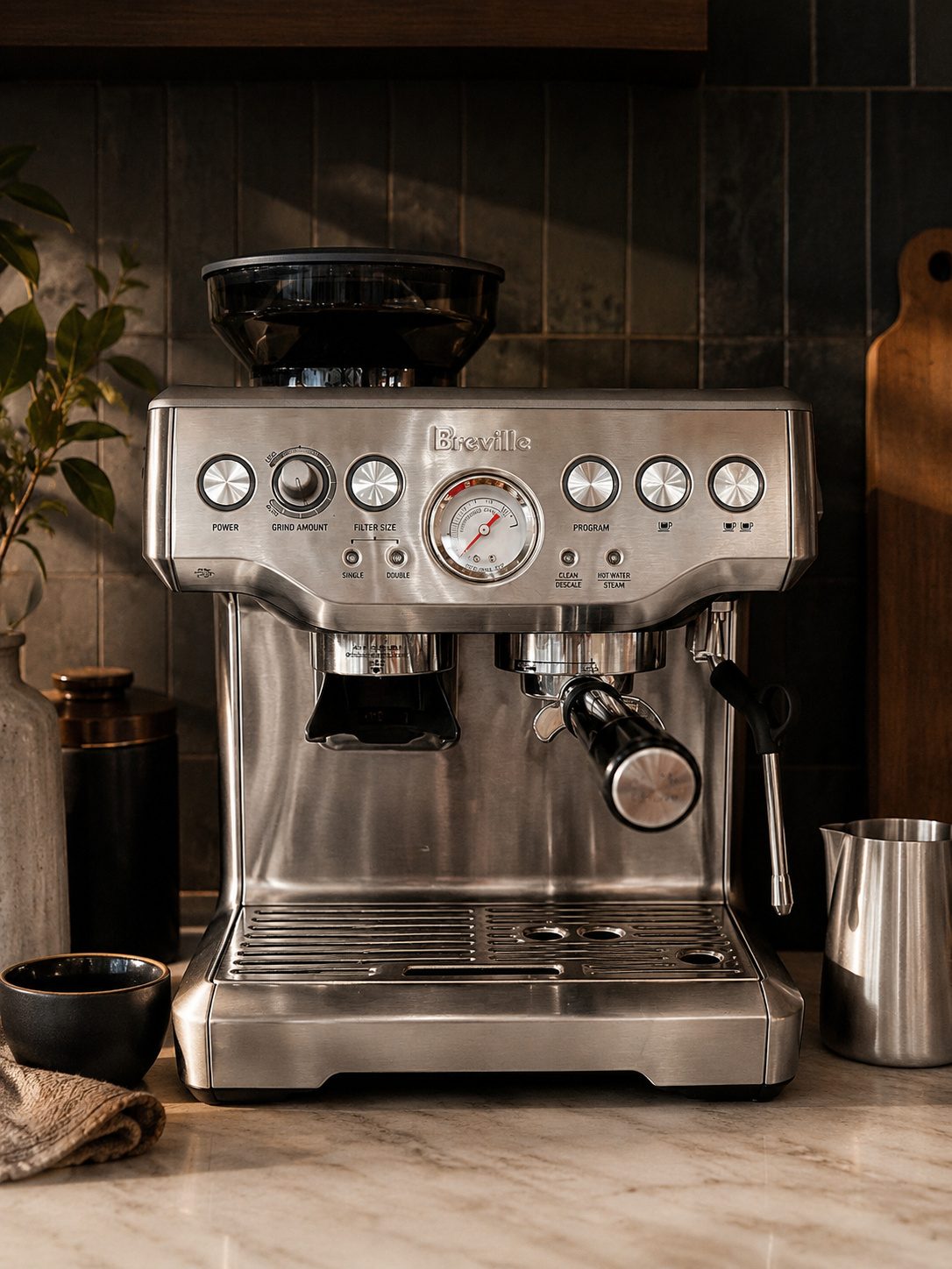 Breville Barista Express espresso machine on a modern kitchen counter