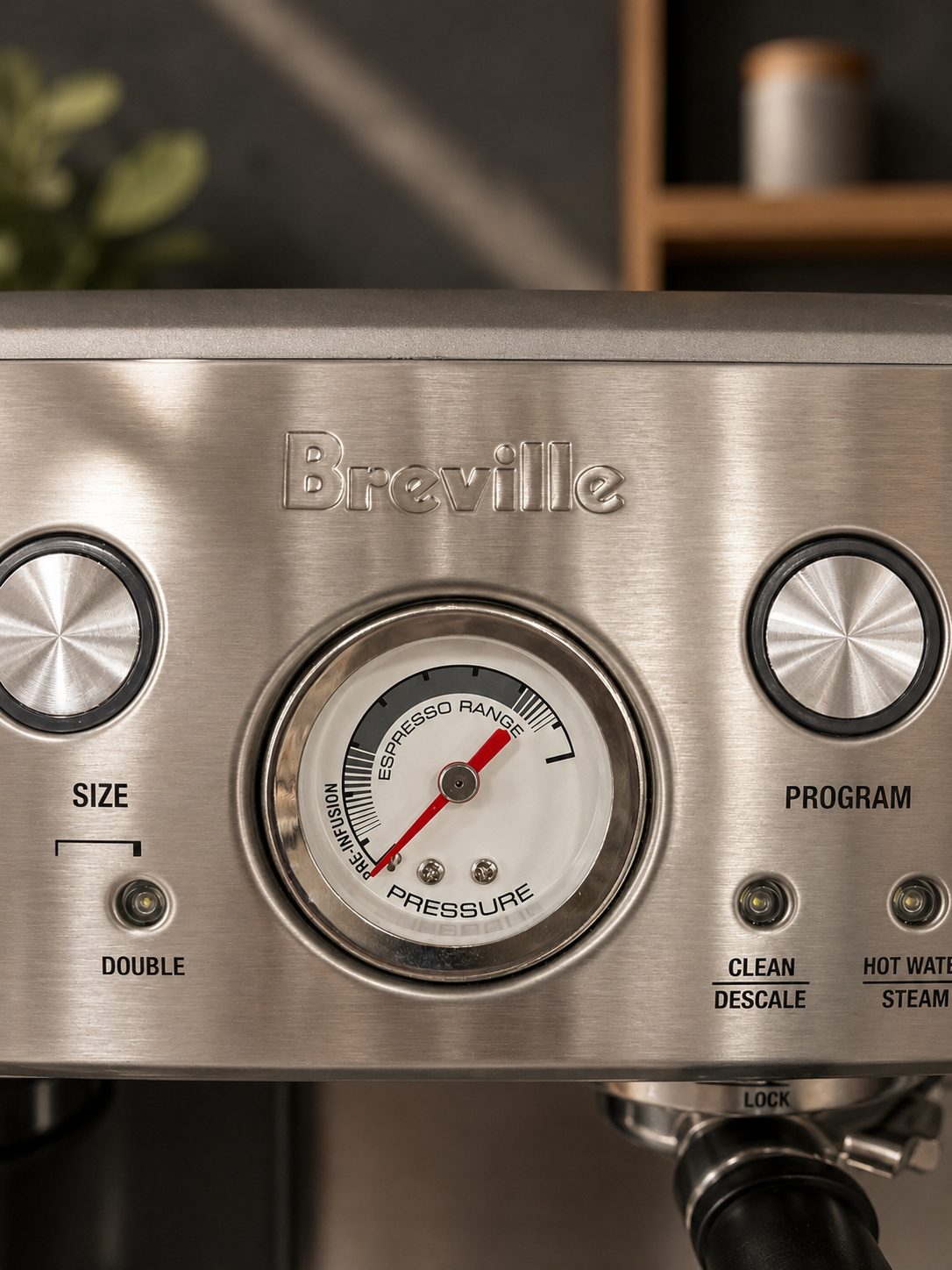 Breville Barista Express pressure gauge and front-panel detail
