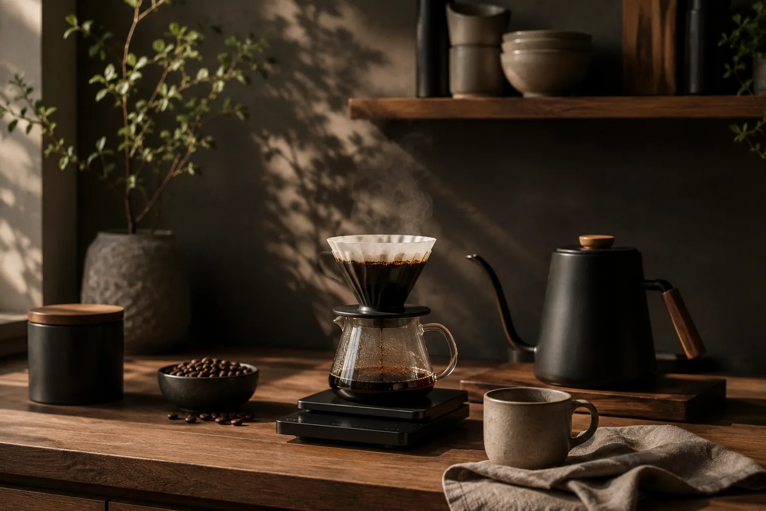A calm pour-over coffee brewing ritual with kettle, dripper, scale, cup, and warm morning light