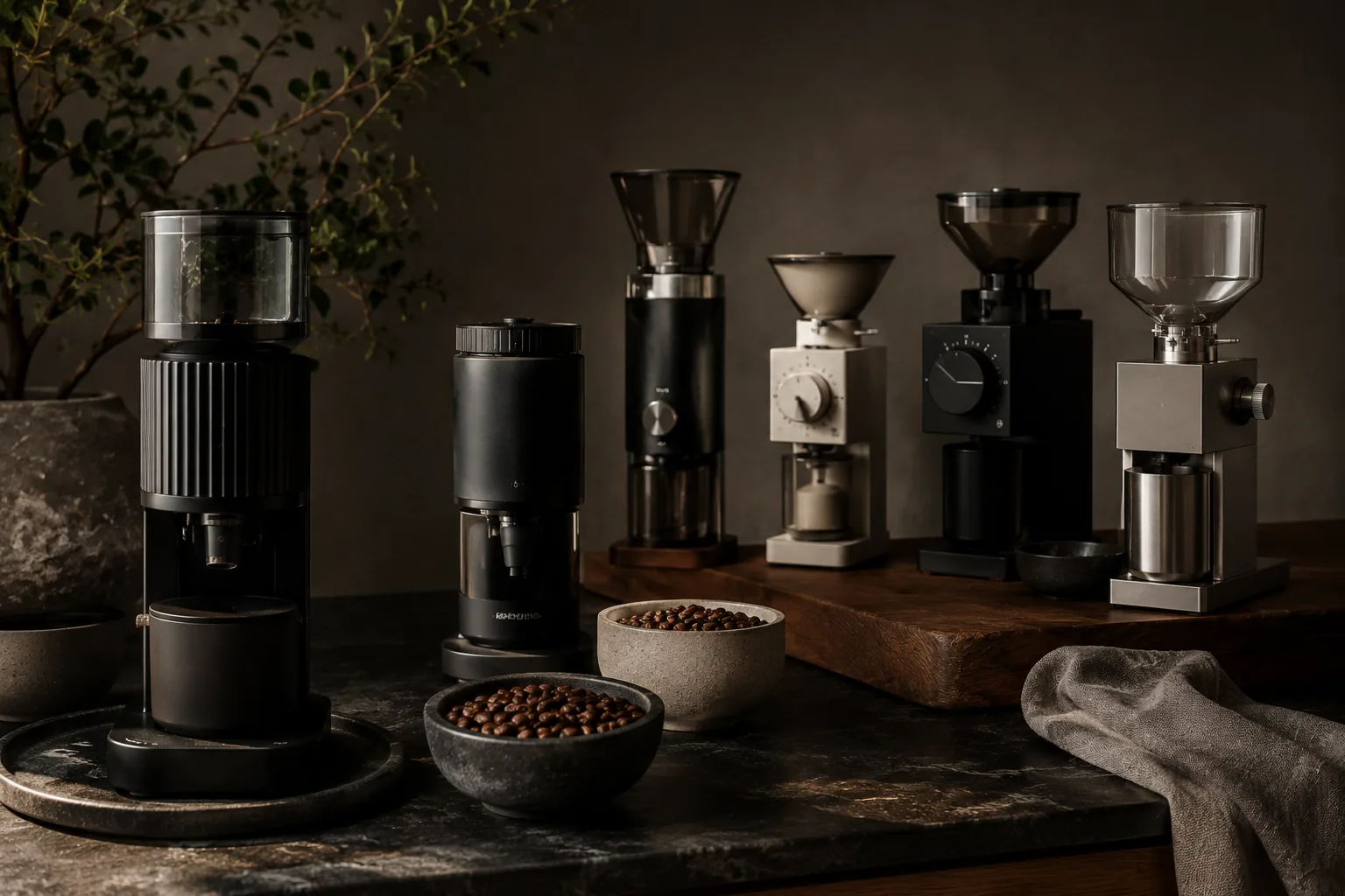 Premium home coffee grinders arranged on a dark stone and warm oak surface with coffee beans