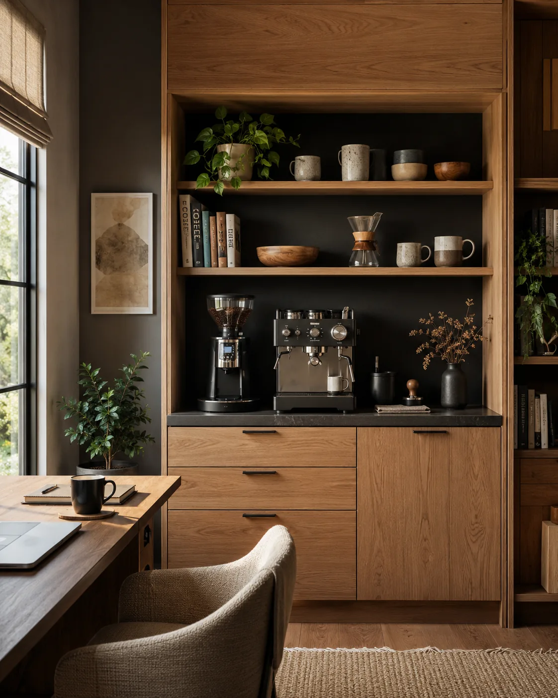 A built-in home coffee station with espresso machine, grinder, ceramics, shelving, and a remote-work desk nearby