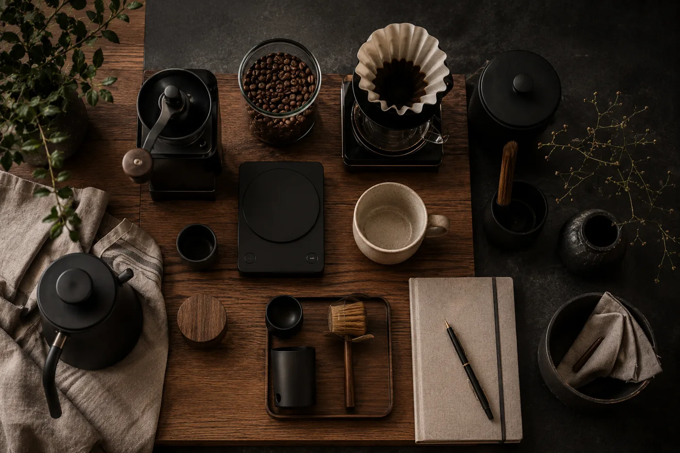 A curated home coffee stack with grinder, brewer, scale, beans, ceramic mug, notebook, and accessories