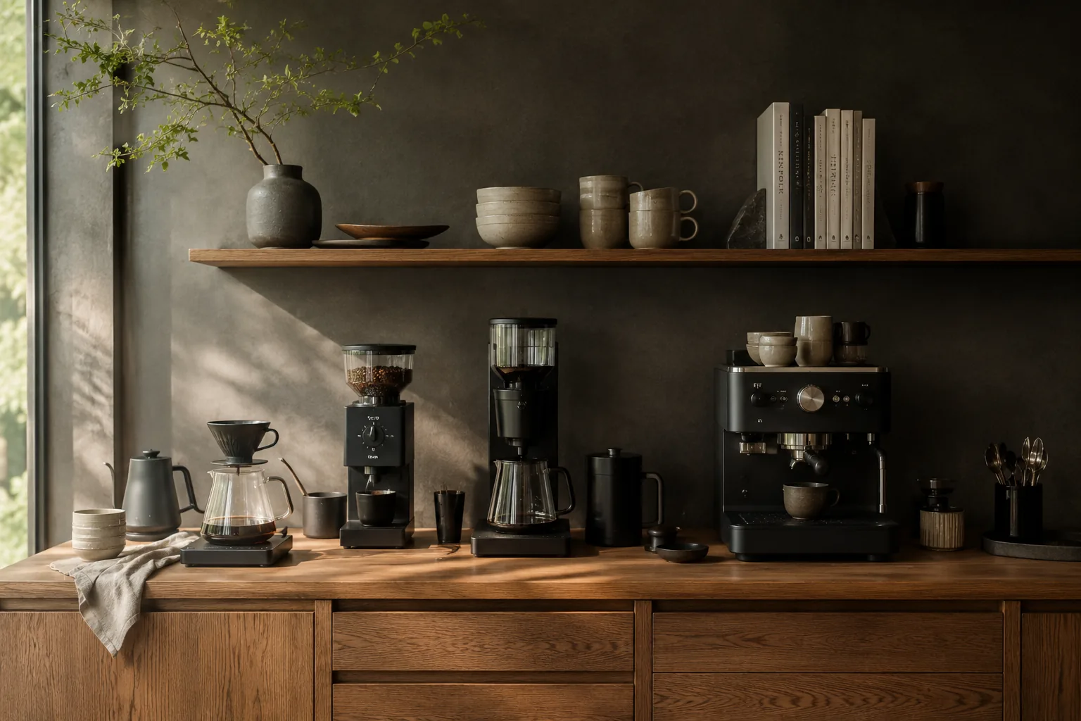 Three complete home coffee systems arranged on a warm oak counter with pour-over, grinder, and espresso setups