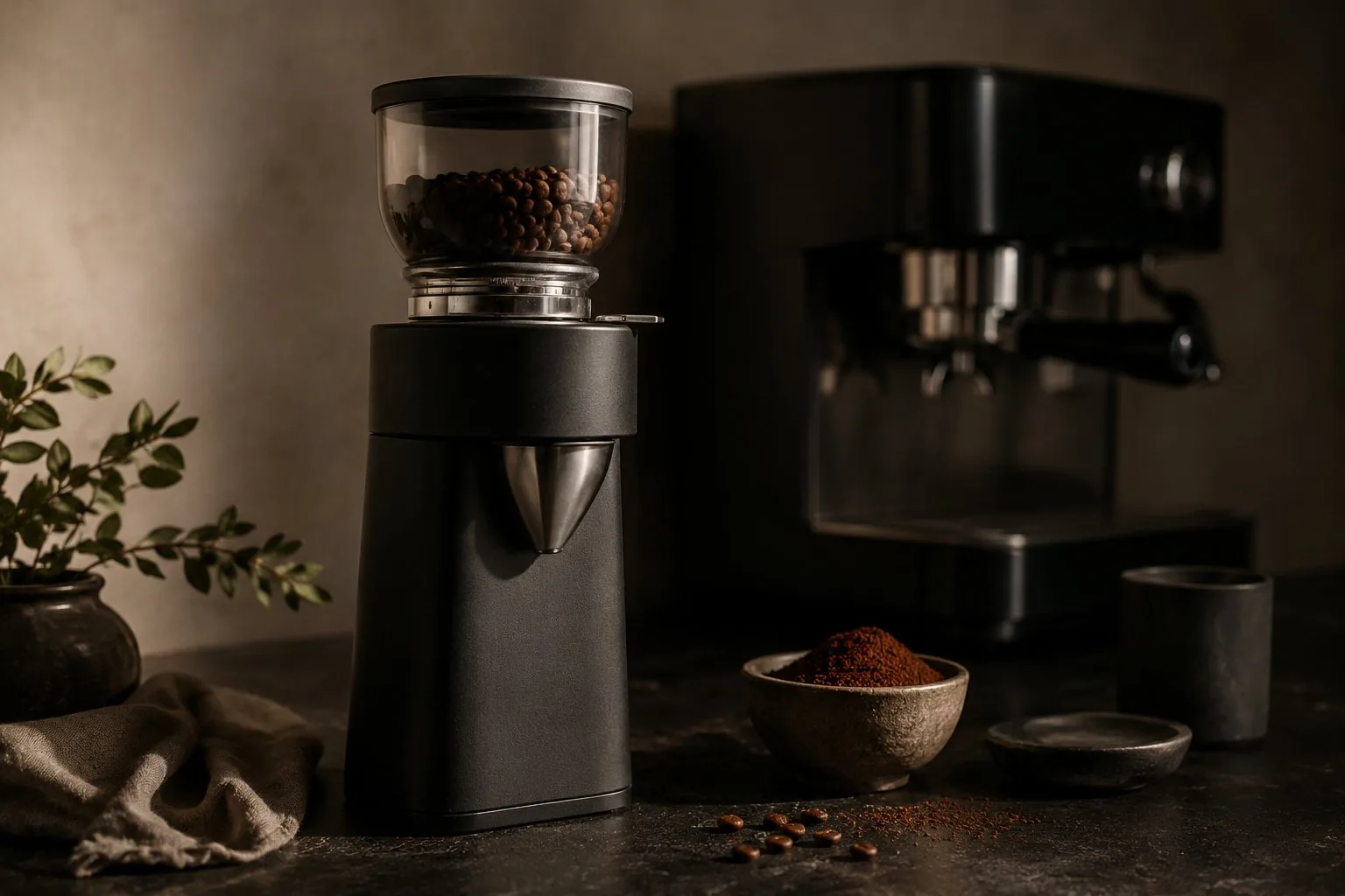 A matte-black burr grinder sharp in the foreground with an espresso machine softer behind it, on a dark stone surface