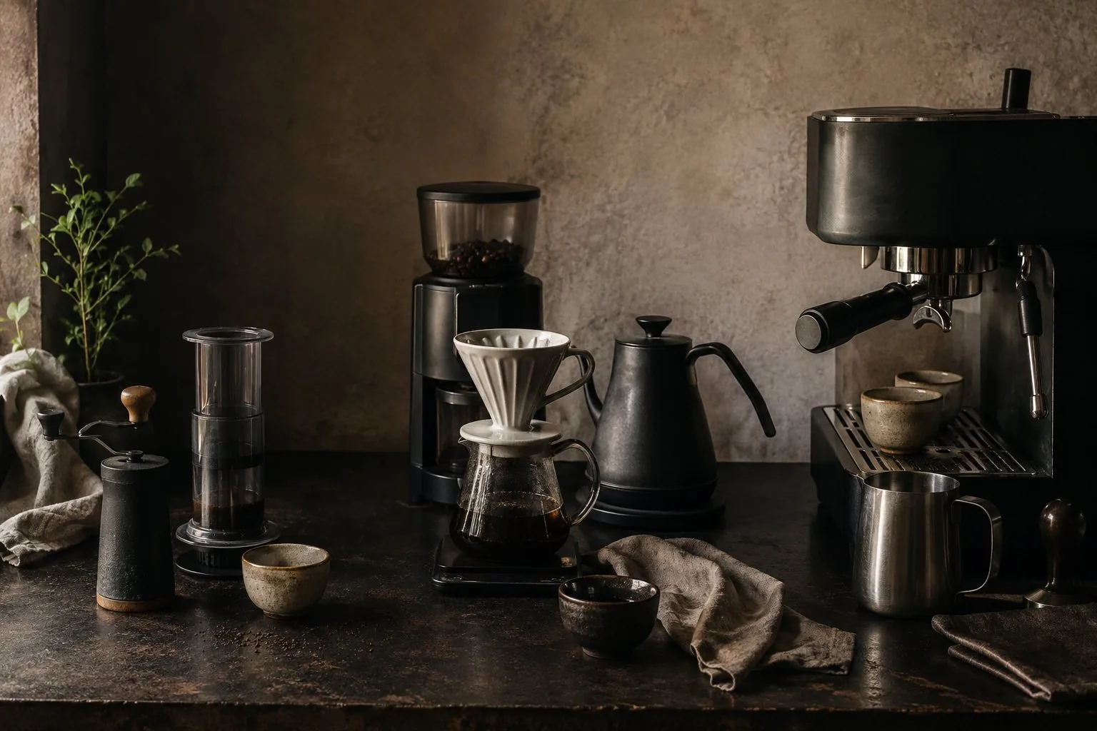 Coffee setups arranged left to right from a simple hand grinder to a fuller espresso station, showing a staged upgrade path