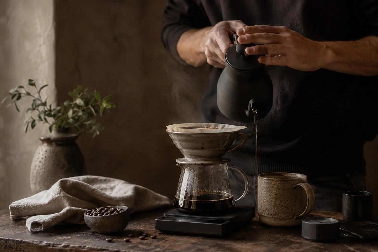 Hands pouring from a gooseneck kettle over a pour-over dripper beside a scale and folded linen, a calm morning brewing routine