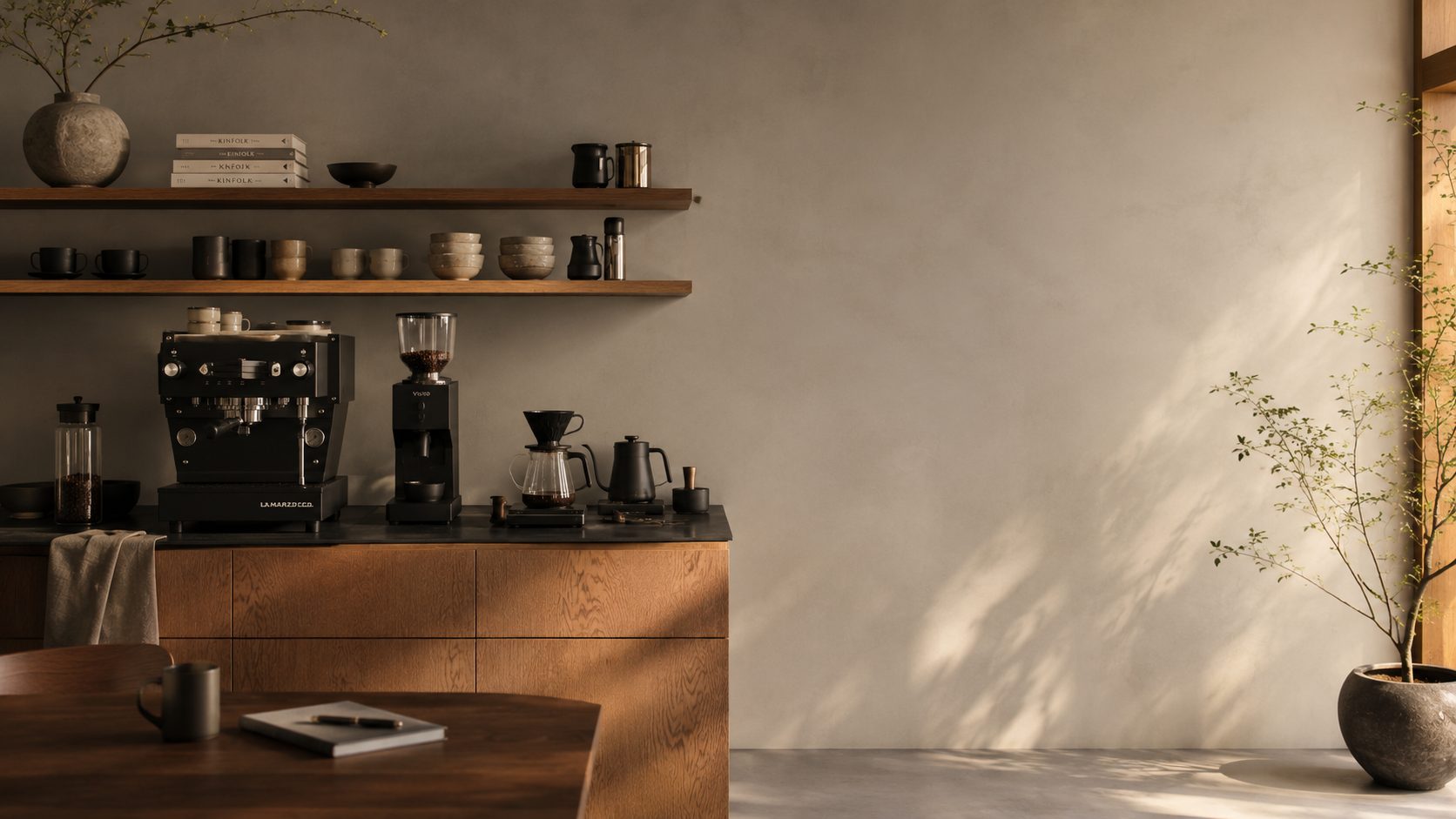 A minimal, sunlit home coffee station with an espresso machine, grinder, pour-over setup, and ceramics on warm oak cabinetry