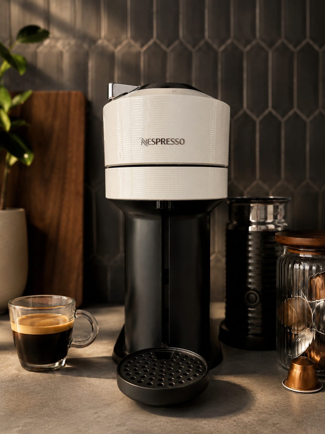 Nespresso Vertuo Pop Plus pod coffee machine in white on a kitchen counter